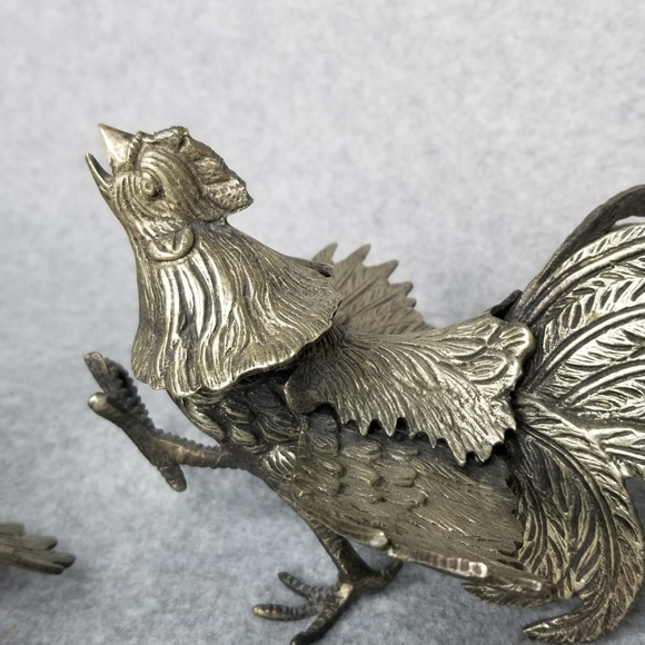Pair Fighting Gamecock Roosters Vintage Italian Brass Figurines Made in Italy - Picture 5 of 17